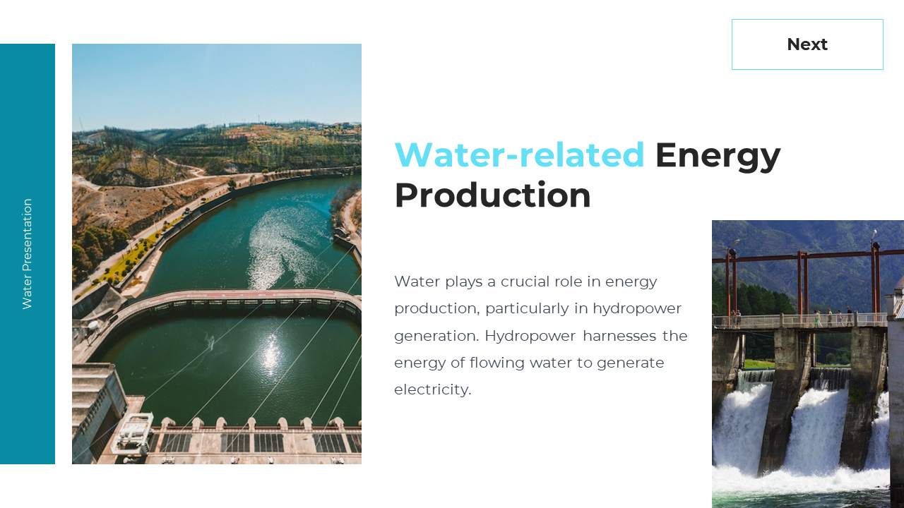 Slide shows dam photo on left, text center, and a hydroelectric plant image on the right against a white background.