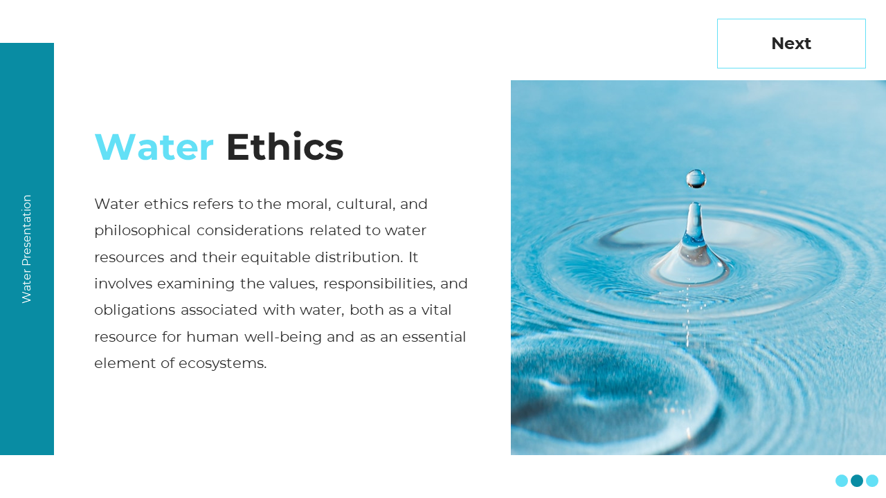 White background slide with teal sidebar, text, and blue ripple water image with drop splash on right.