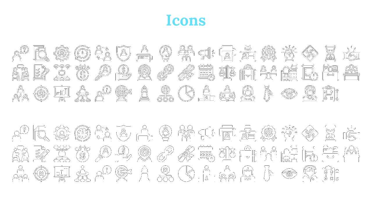 White background featuring bold blue heading with top outlined and dark filled icons below.