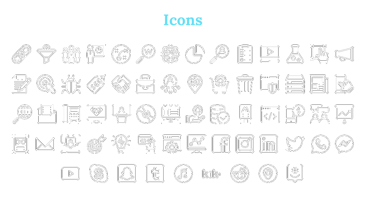 White background slide with black outlined icons arranged in rows under a bold blue heading at the top center.
