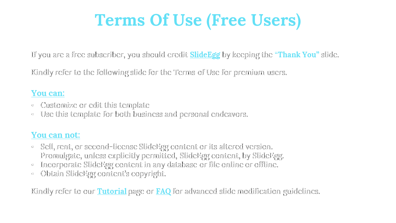 White slide with bold blue title, bullet points on allowed and restricted uses, and footer with tutorial and FAQ links.