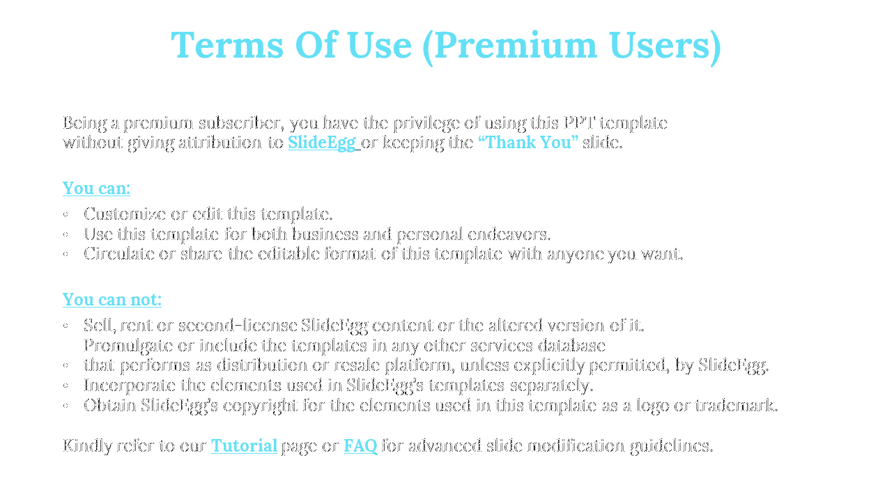 White layout with bold blue title, bullet points explaining usage rights and restrictions, and footer links in small font.