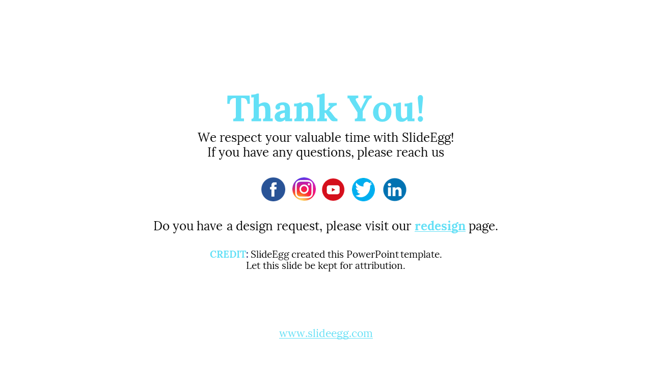 White background with large blue thank you text, black text, and colorful circular social media icons below.