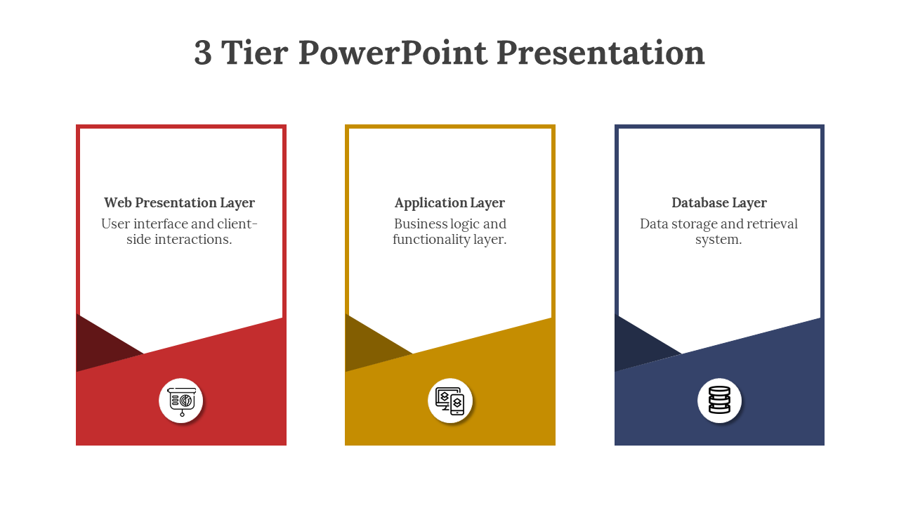 Red, gold, and navy panels side by side, each has a slanted divider, round icon, and title with descriptive text.