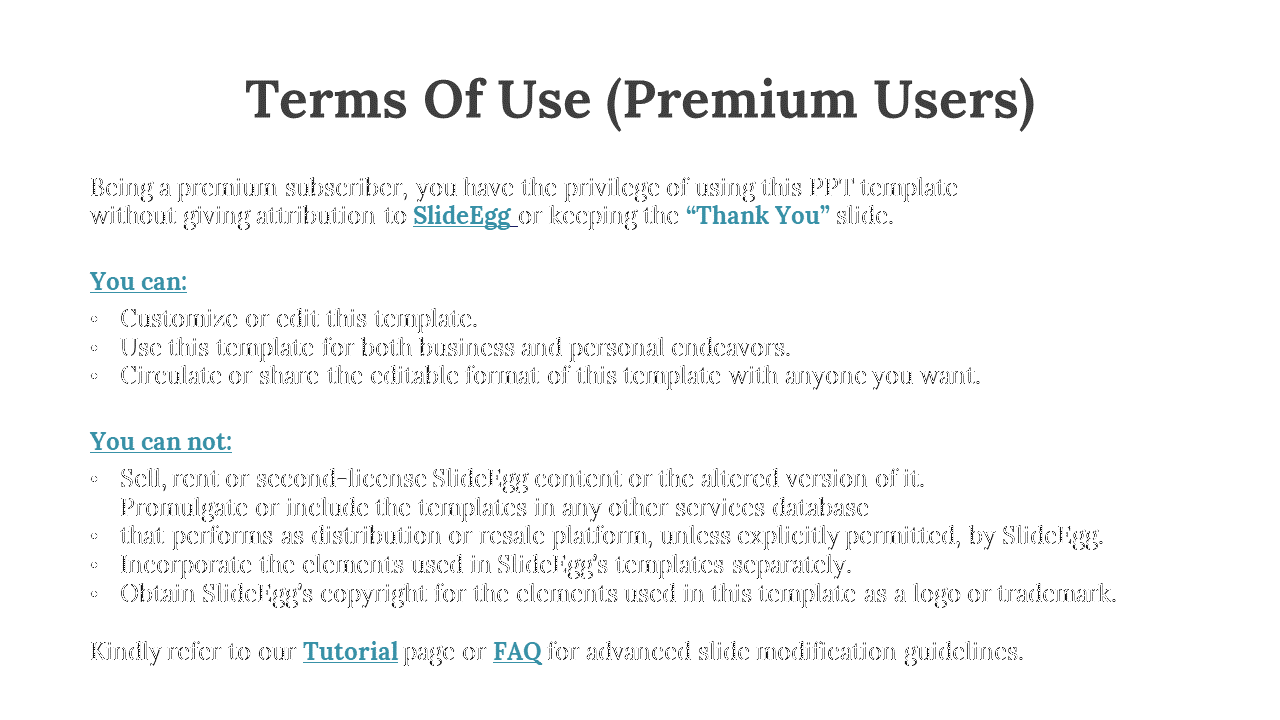 Text based slide listing allowed and prohibited actions for SlideEgg premium users on a white background.