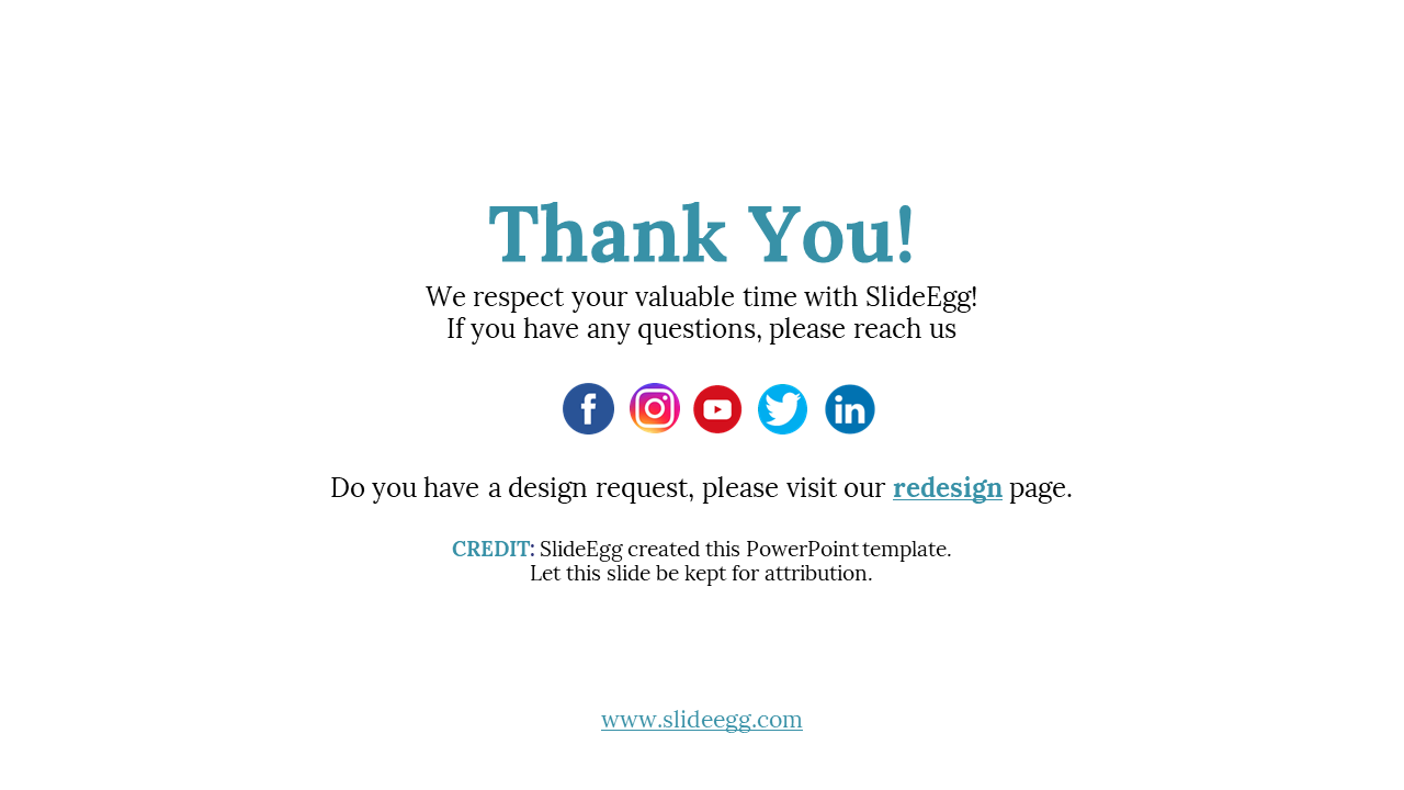 Simple centered thank you message with modern blue fonts, circular social icons, and subtle gray credit text.