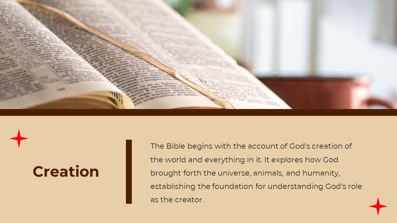 Split design with top image of an angled Bible page, and bottom beige panel with dark text and decorative red stars.
