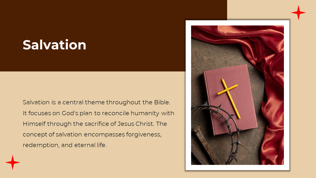 Slide with brown and beige backdrop, featuring red cloth, maroon Bible with yellow cross, and a thorn crown in a white frame.