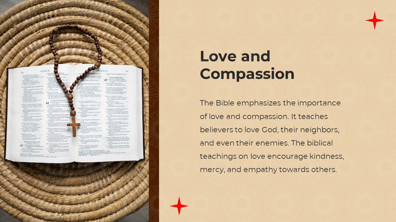 Split layout with brown left side showing a gold cross on Bible and beige right side with dark text and red stars.