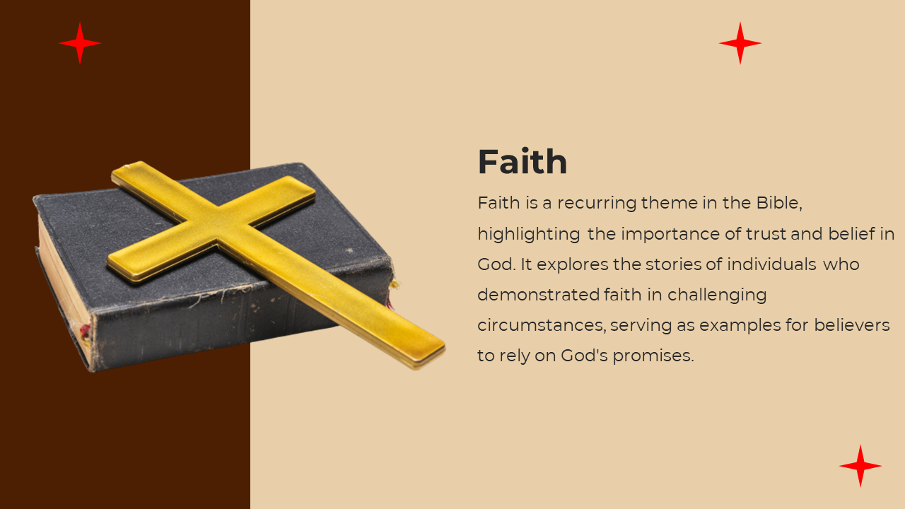 Slide shows open Bible with rosary on tan woven mat, and right has beige background with dark text and red star icons.