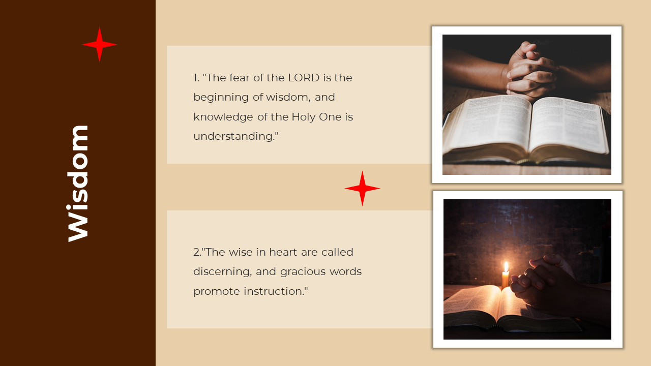Left brown panel with vertical label, and two light beige boxes with square images of hands and lit candles with Bibles.