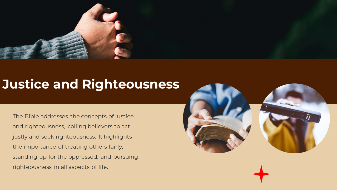 Brown and beige layout with bold title and folded hands above, and two images of a person reading and holding a Bible below.