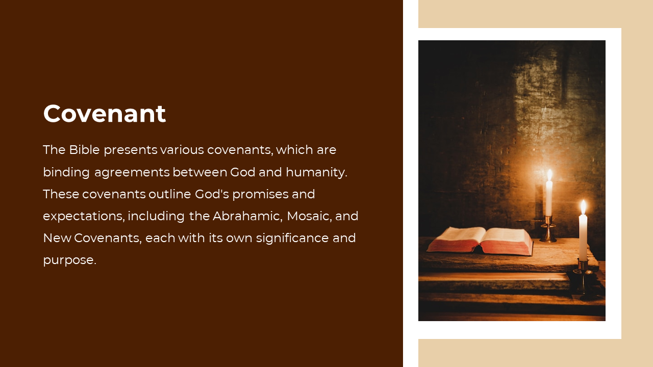 Split layout with description on dark brown background and a warmly lit Bible with candles on the right.