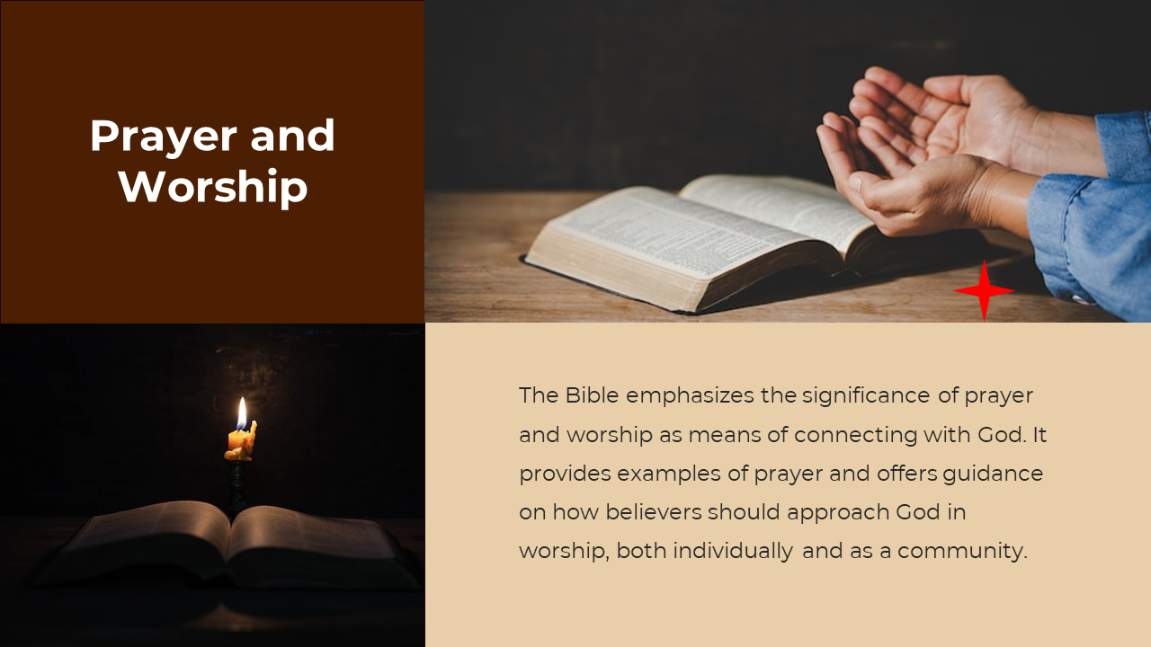 Slide with two images of open Bible with candle and praying hands, with dark and beige box featuring title and text.