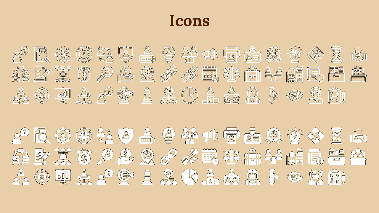 Icon set split into outlined and solid styles, arranged in rows with consistent spacing on a beige layout.
