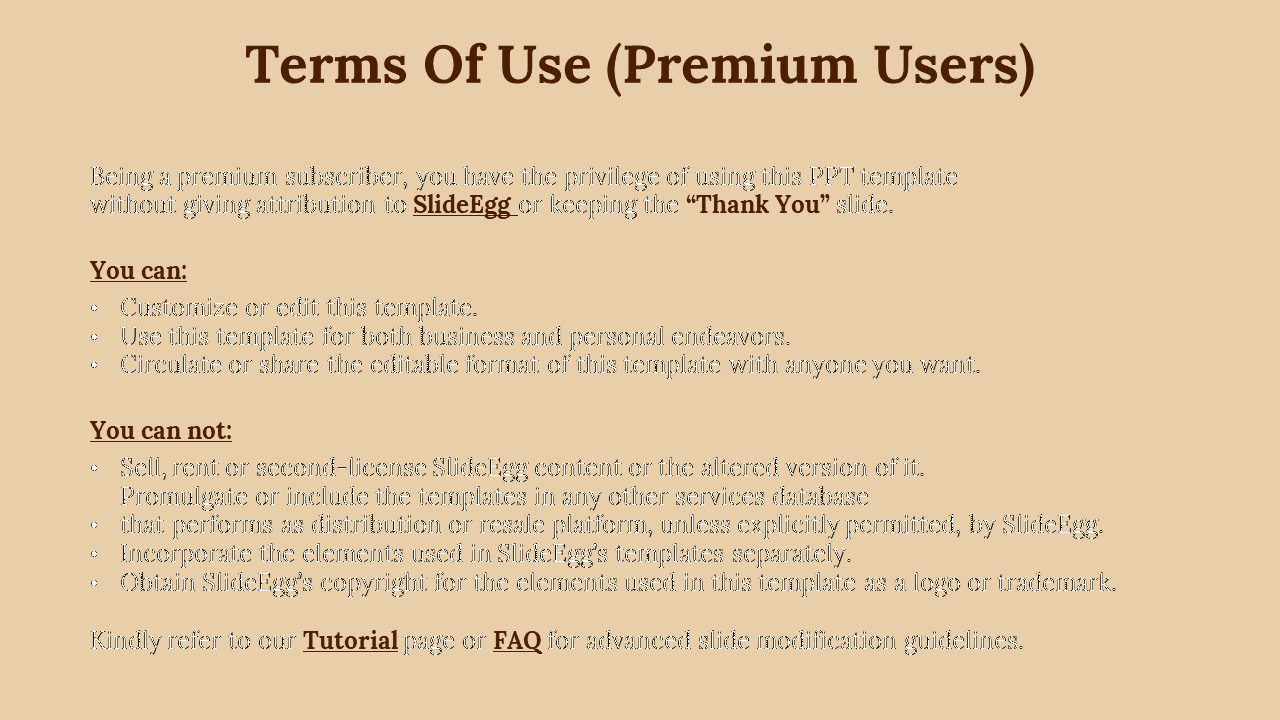 Terms of use for premium SlideEgg users outlining permissions and restrictions, using brown text, on beige backdrop.