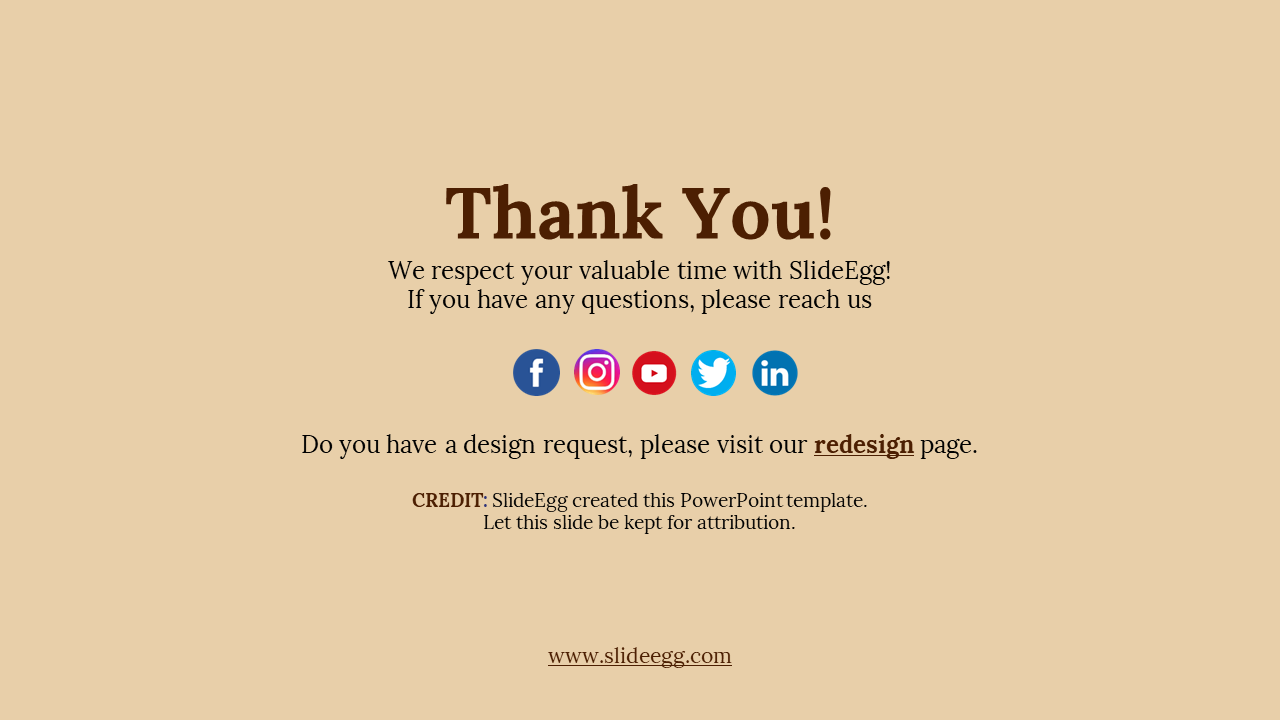 Thank you message on a beige background with centered dark brown text and colorful social media icons.