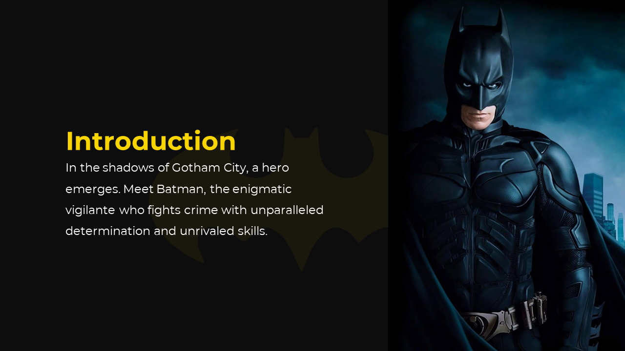 Dark layout with yellow heading and white text, right side shows batman in black suit with blue lit city skyline.