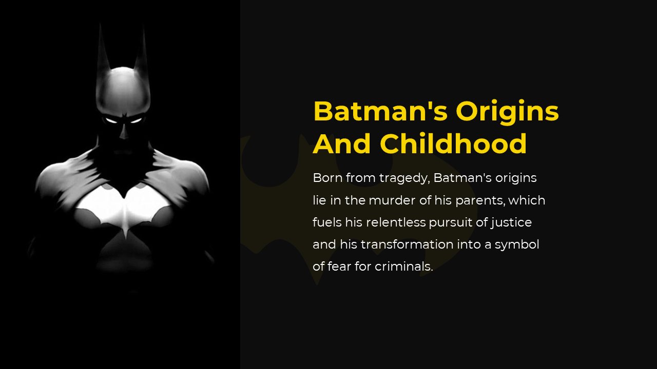 Split layout with black left side showing a glowing white batman and right side has yellow heading and text on dark backdrop.