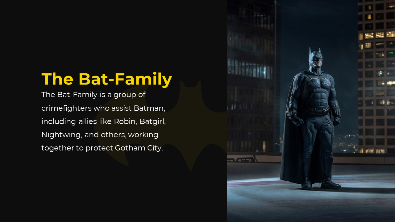 Split layout with dark left panel showing yellow title and white text, right side shows a suited batman on rooftop at night.