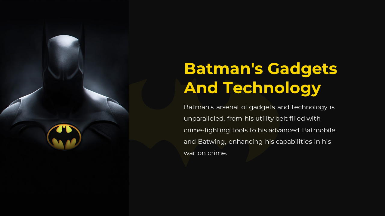 Dark layout with left side showing masked batman in black and right side has yellow bold title and white text.