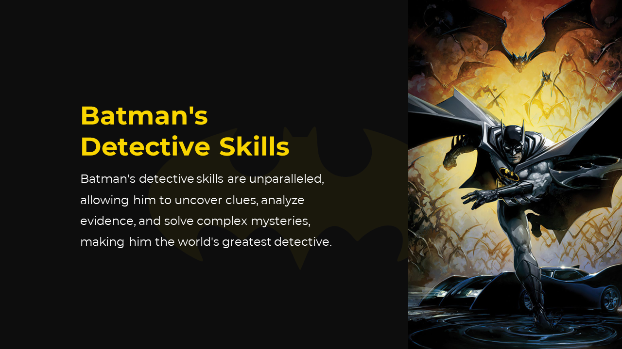 Split layout with dark left panel featuring yellow text and right side has dynamic batman against a vivid fiery background.
