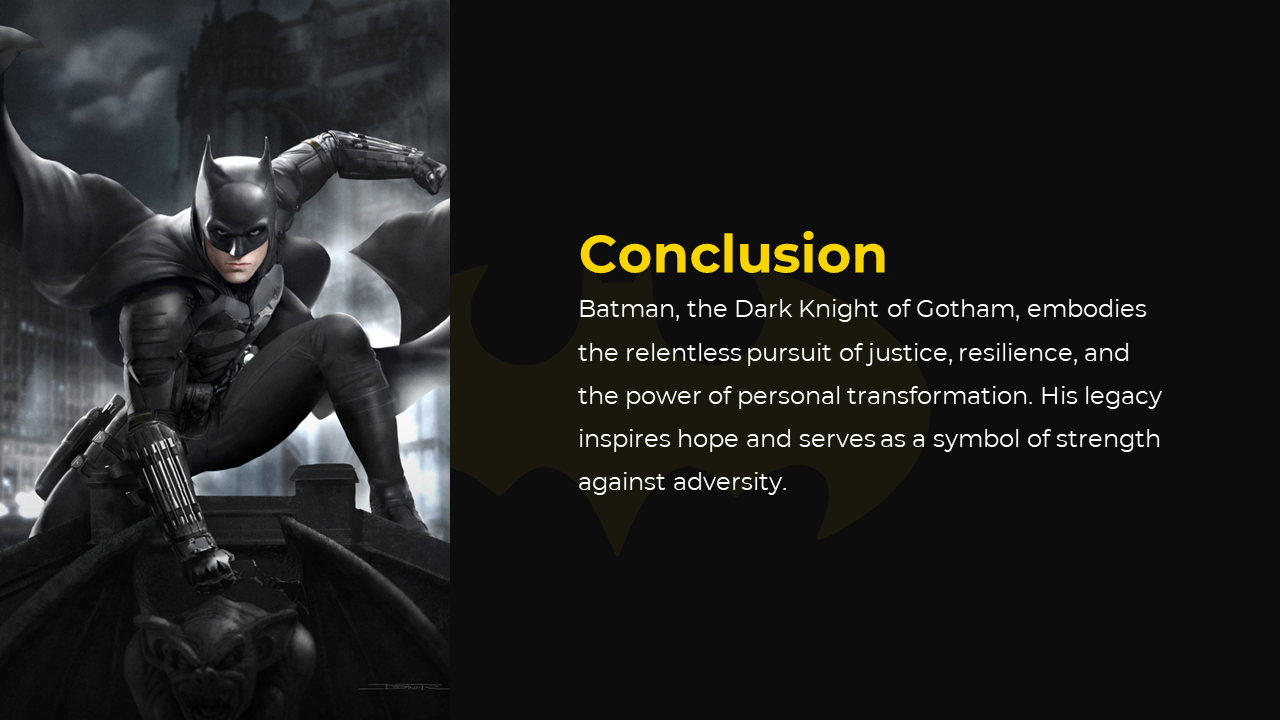Split layout with grayscale batman crouched on statue and bold yellow text on black background on right.