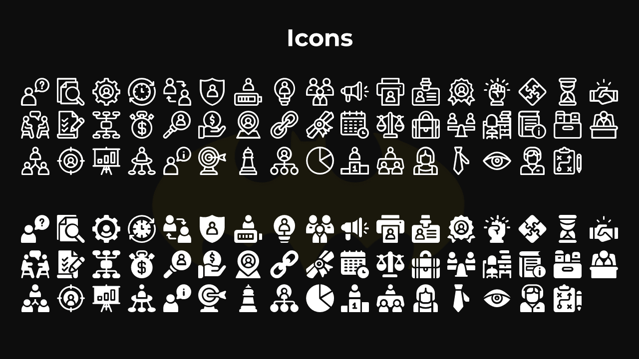 White icon set split into outlined and solid styles, arranged in rows with consistent spacing on a dark background.