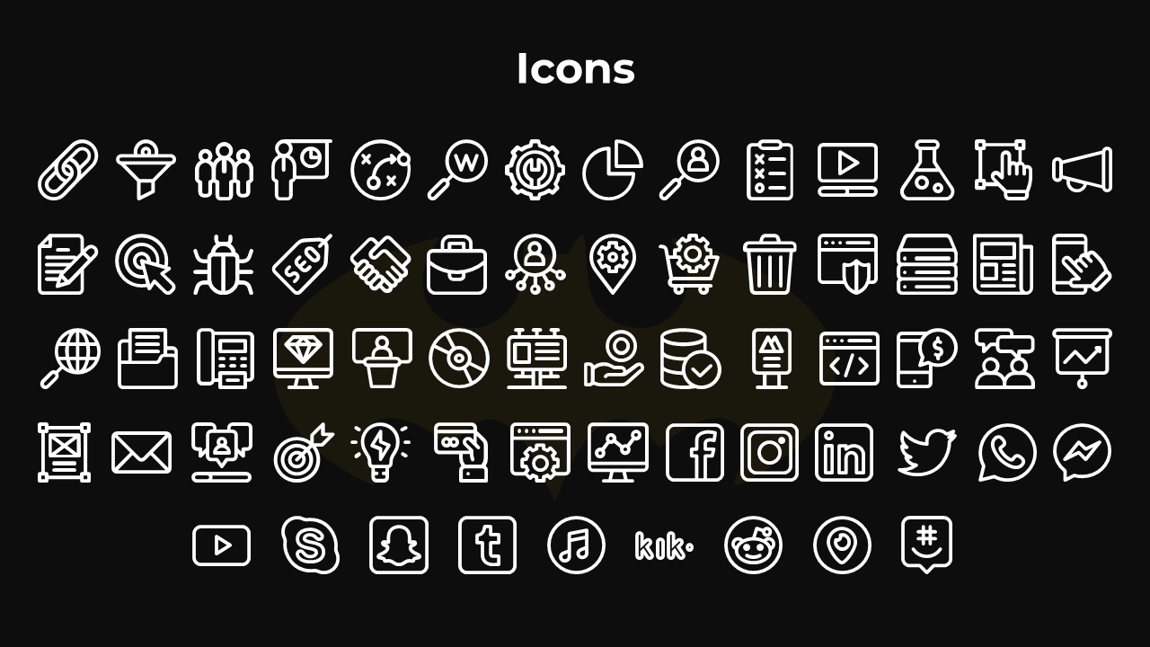White outlined icons arranged in five rows on a dark background, each representing business and social media elements.
