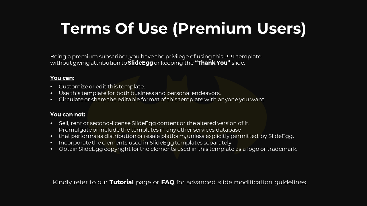 Informational slide defining user rights, limitations, and links to tutorial and FAQ in white text, on a dark backdrop.