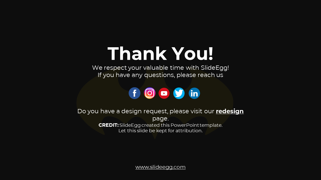 Central white headline over dark background, with social media buttons and hyperlink for further design inquiries.