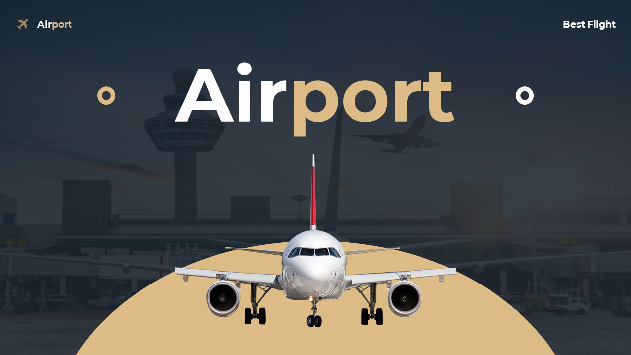 Bold split color title with white and beige text over a dark airport background and centered airplane and semi circle base.