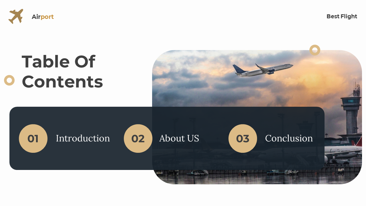 Split layout with rounded image of plane takeoff and dark panel with beige circles numbered 01 to 03 on the left.