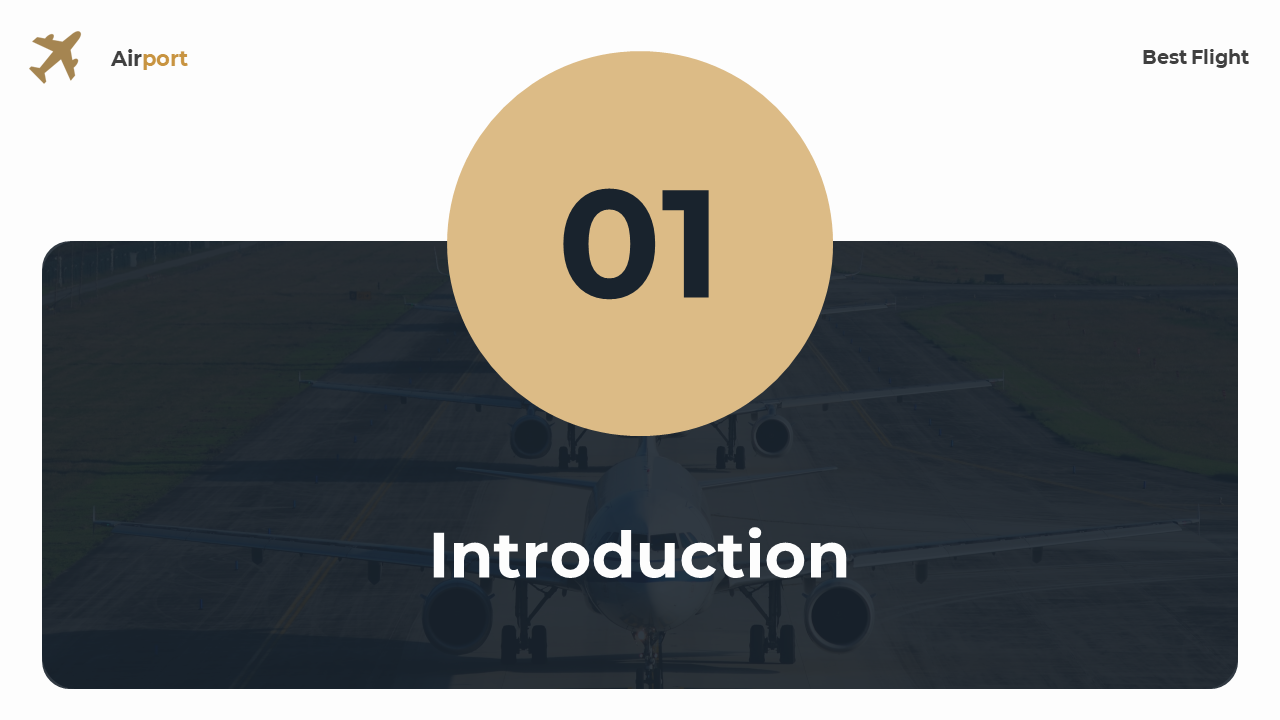 Large beige circle centered with black 01, overlaying a darkened photo of airplanes, with white text and gold icons.