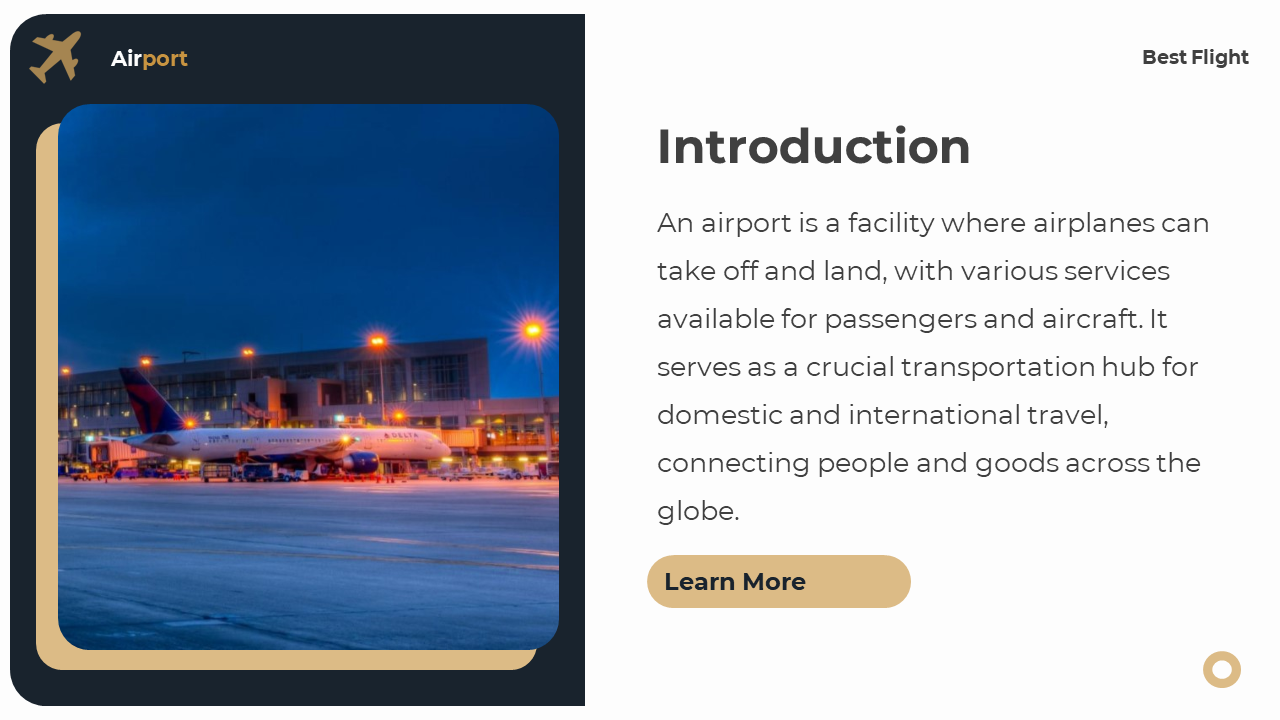 Airport scene at dusk with a parked aircraft on the tarmac, and orange lighting with dark blue sky in the left panel.