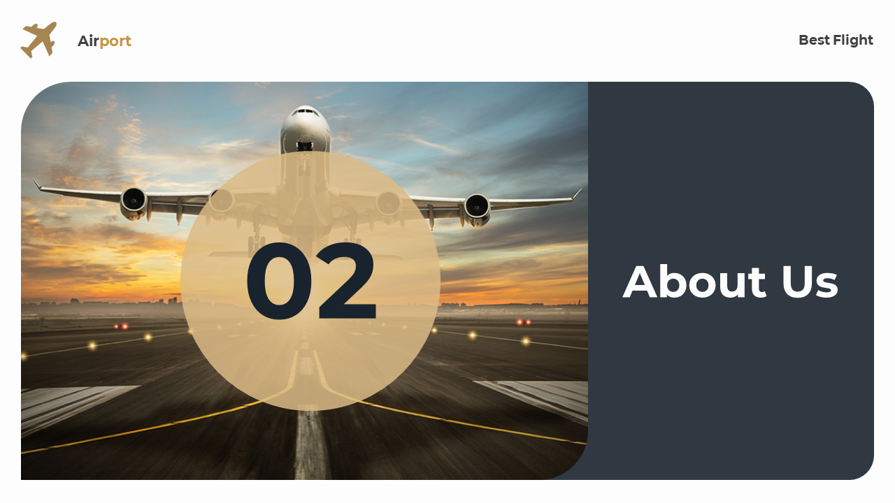 Centered tan circle with bold number overlays a plane landing, and background split with a dark grey section for title.