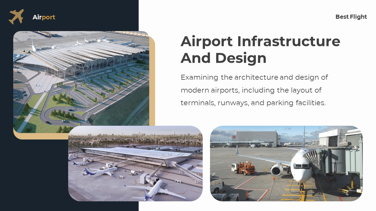 Slide with three imageds of airport with white roof, two terminals at bottom, and text on white background right.