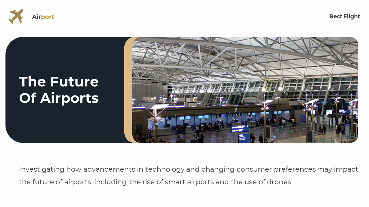 Dark rounded box with title on left, and photo of bright modern airport terminal with white beams, on white background.