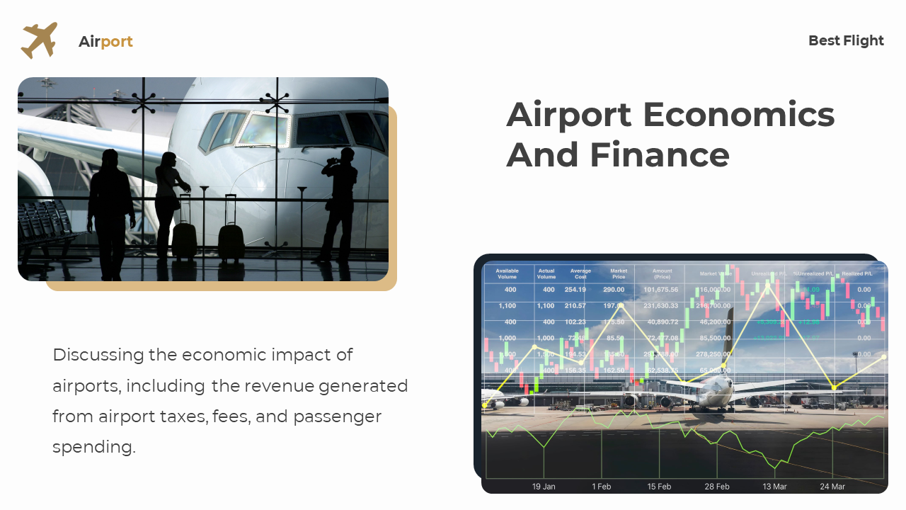 Silhouettes by terminal window and overlaid financial chart with airplane image at right, with text on white backdrop.
