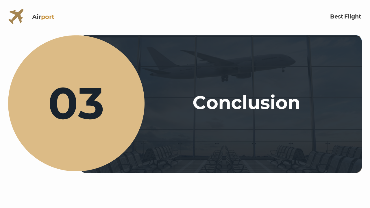 Split layout with beige circle on white background at left, dark overlay of airport chairs and plane window at right.