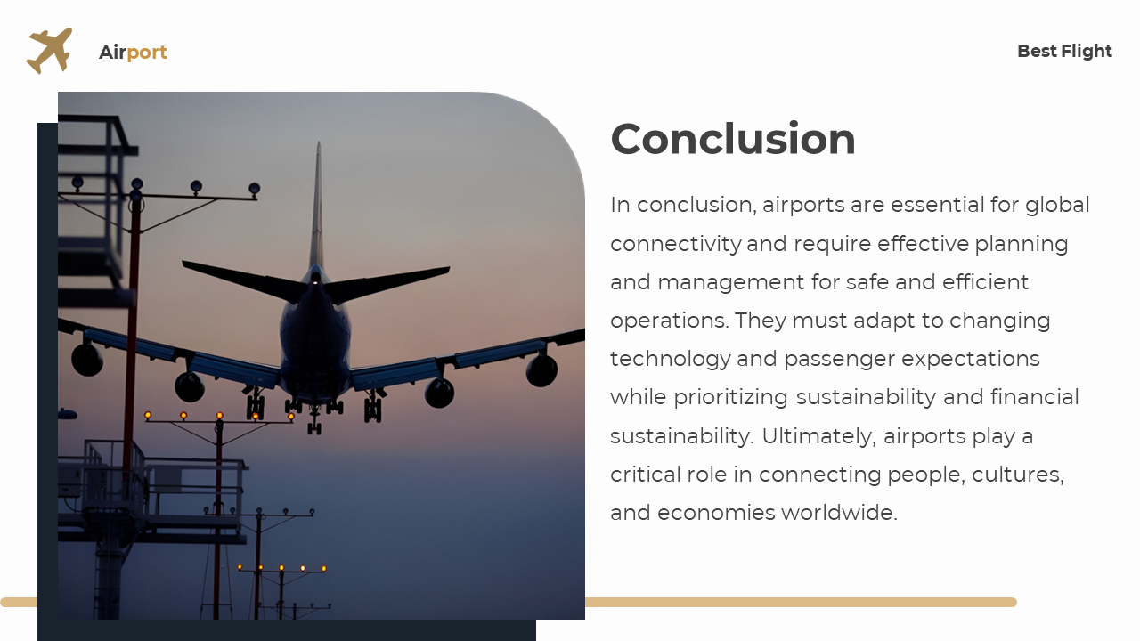 Jet approaching runway at dusk with dark towers on left, and right side shows text on white background with tan line.