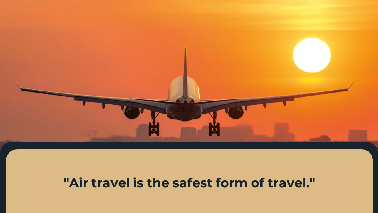 Rear view of airplane flying into orange sunset, sun on right, city skyline in silhouette, and a beige caption bar below.