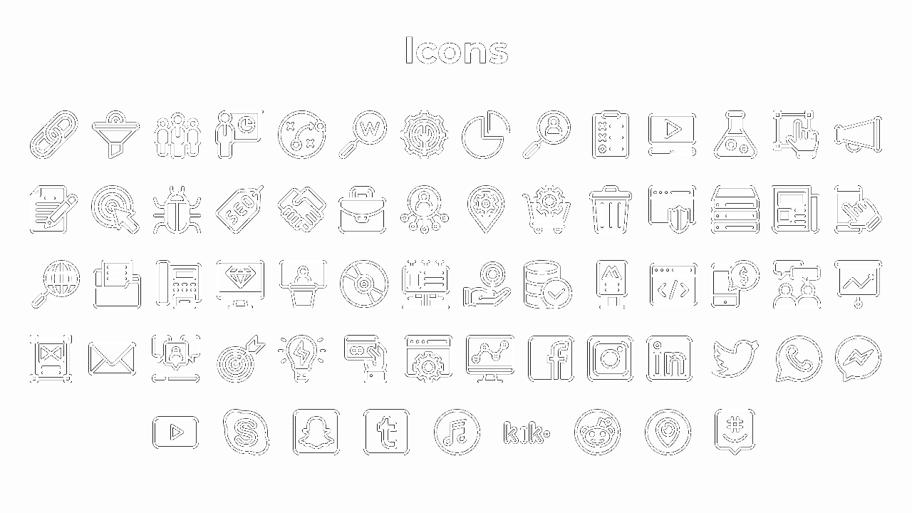Black outlined icons arranged in five rows on a white background, each representing business and social media elements.