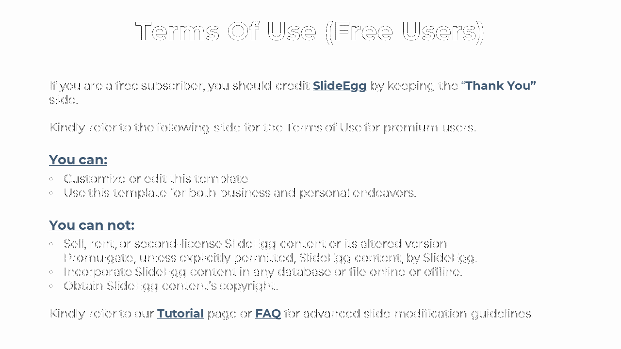 Informational slide detailing what free users can and cannot do with SlideEgg templates, on a white backdrop.