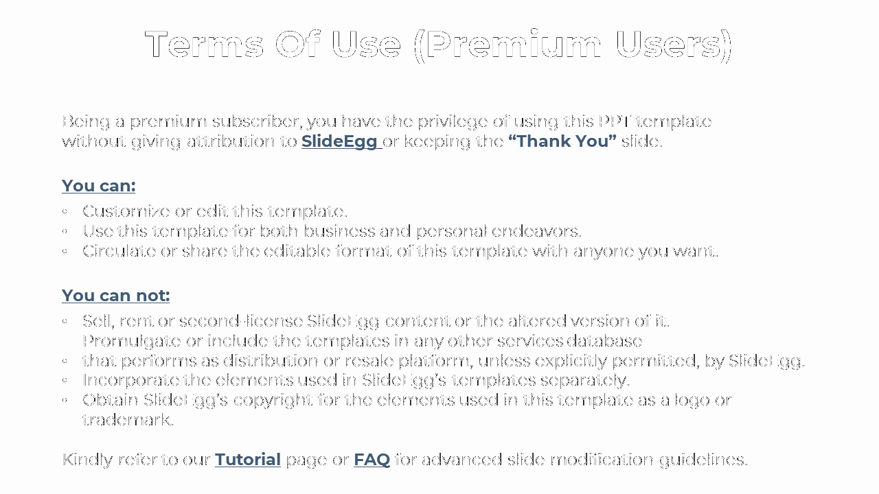 Usage policy for SlideEgg premium content, including customization rights and redistribution rules, on a white backdrop.