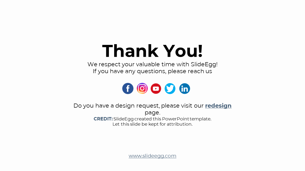 Clean white background with bold thank you text in center, followed by contact message and social media icons in a row.