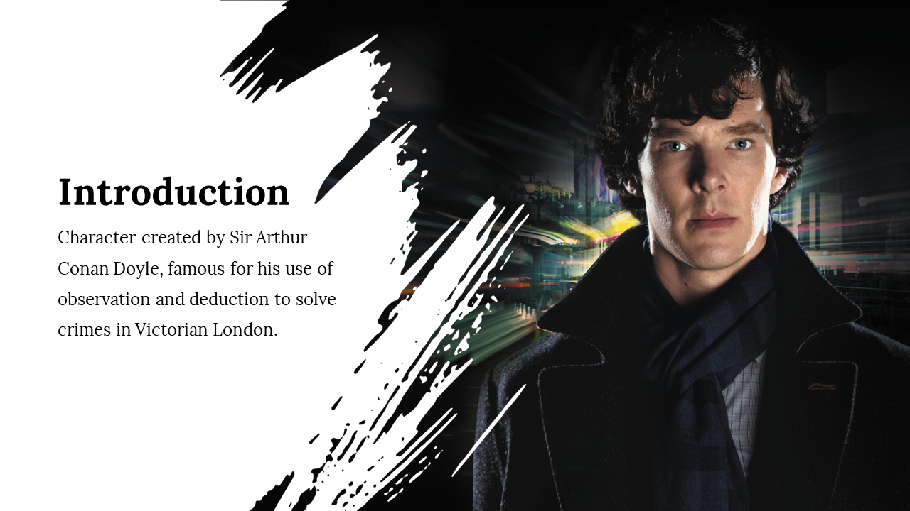 Dark toned slide with Sherlock on right, and white brushstroke design frames text against a cityscape blur background.