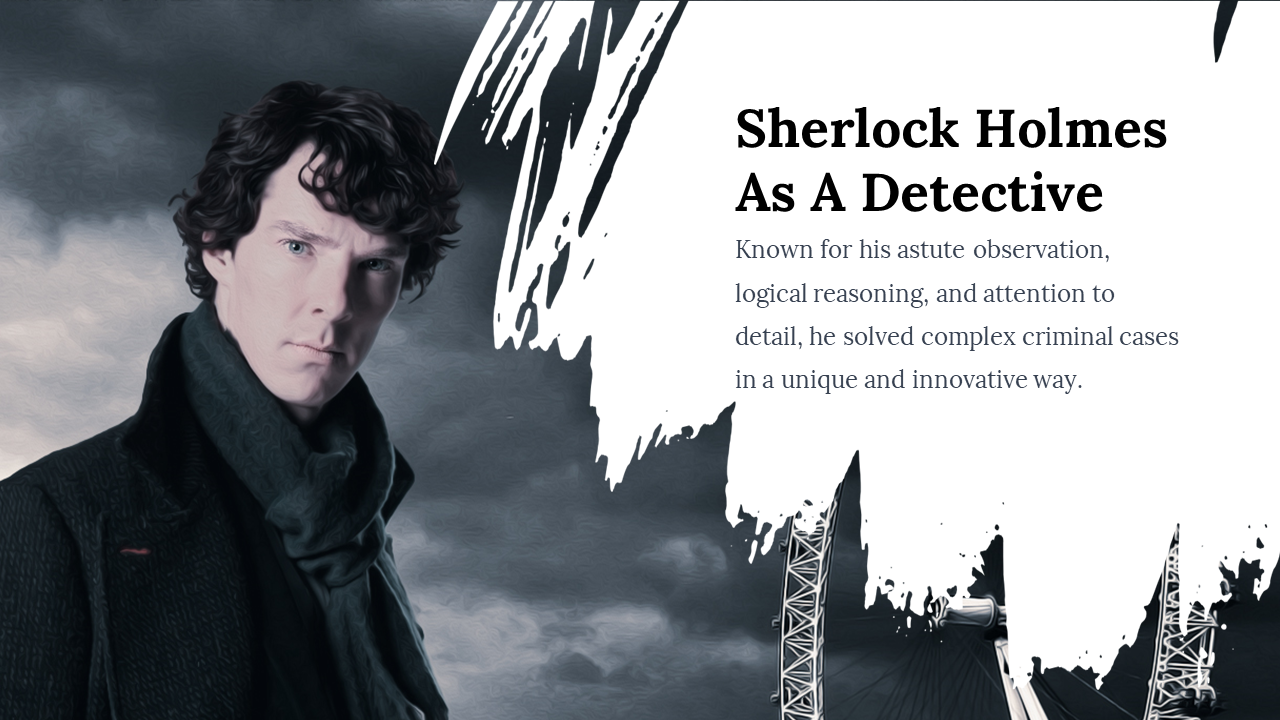Sherlock Holmes in dark coat with serious expression, text highlights his skills, on the right paint stroke backdrop.