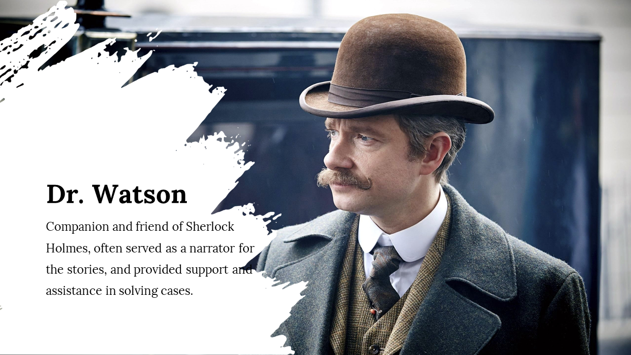 Profile of mustached man in old fashioned coat and hat, next to text, on painted brush stroke white overlay.