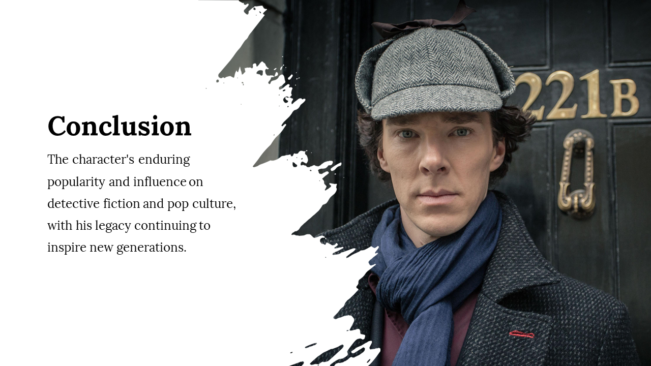 Split layout with a text conclusion on white paint stroke and a man in detective attire in front of a black door marked 221B.